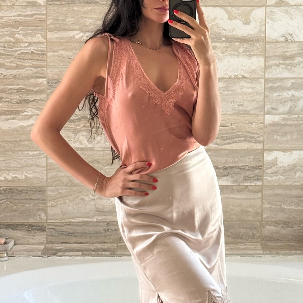 Dusty Rose Lace-Trim Satin Tank Top
